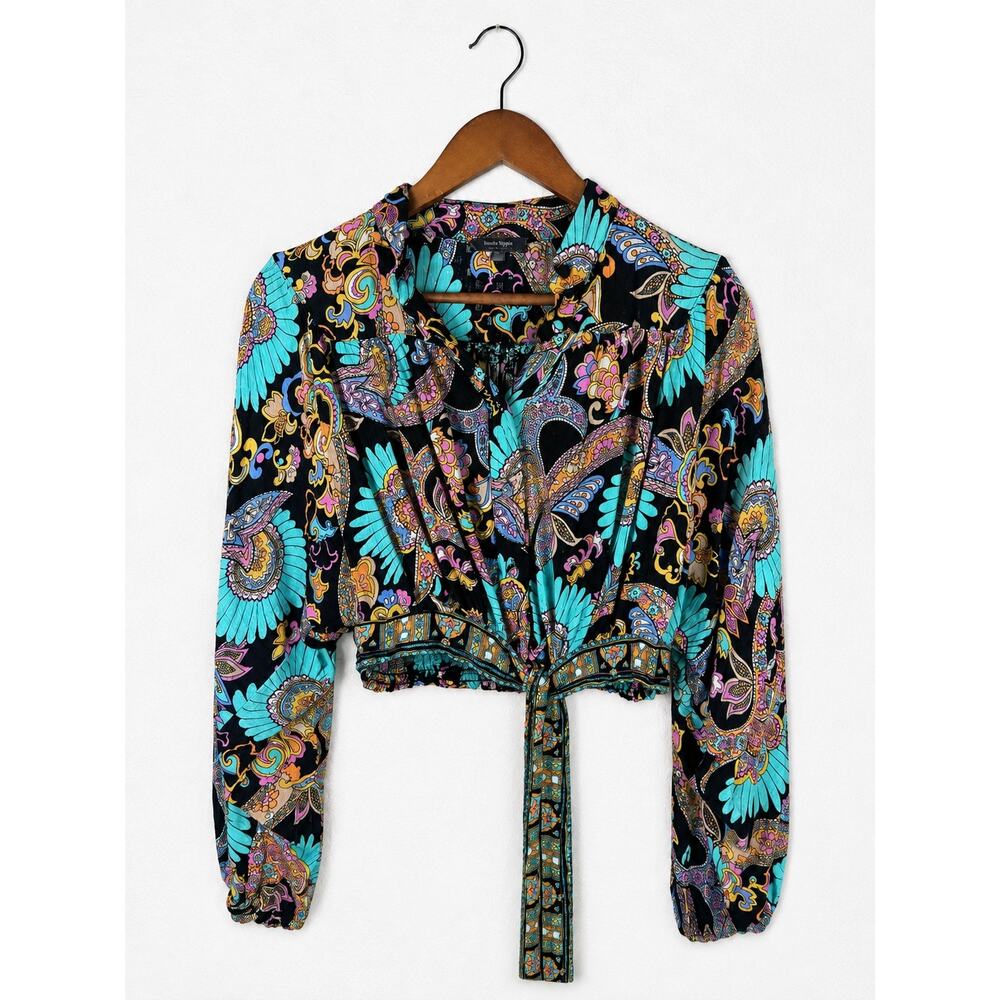 Haute Hippie S Boho Paisley Floral Tie Front Crop Blouse Long Sleeve Black View 2